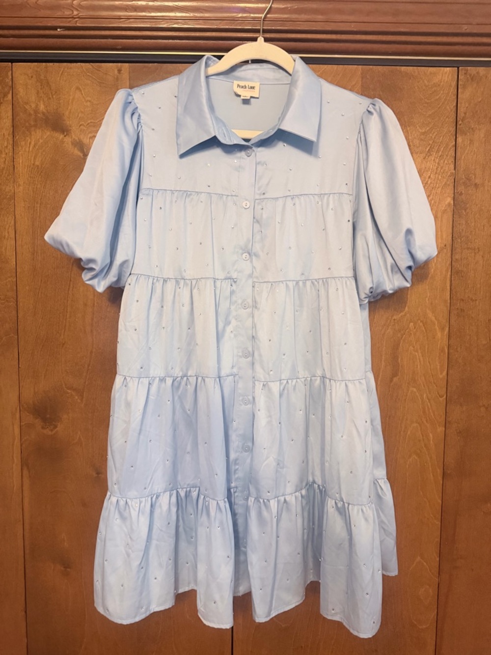 Peach Love California Light Blue Tiered Button-Front Dress with Puff Sleeves